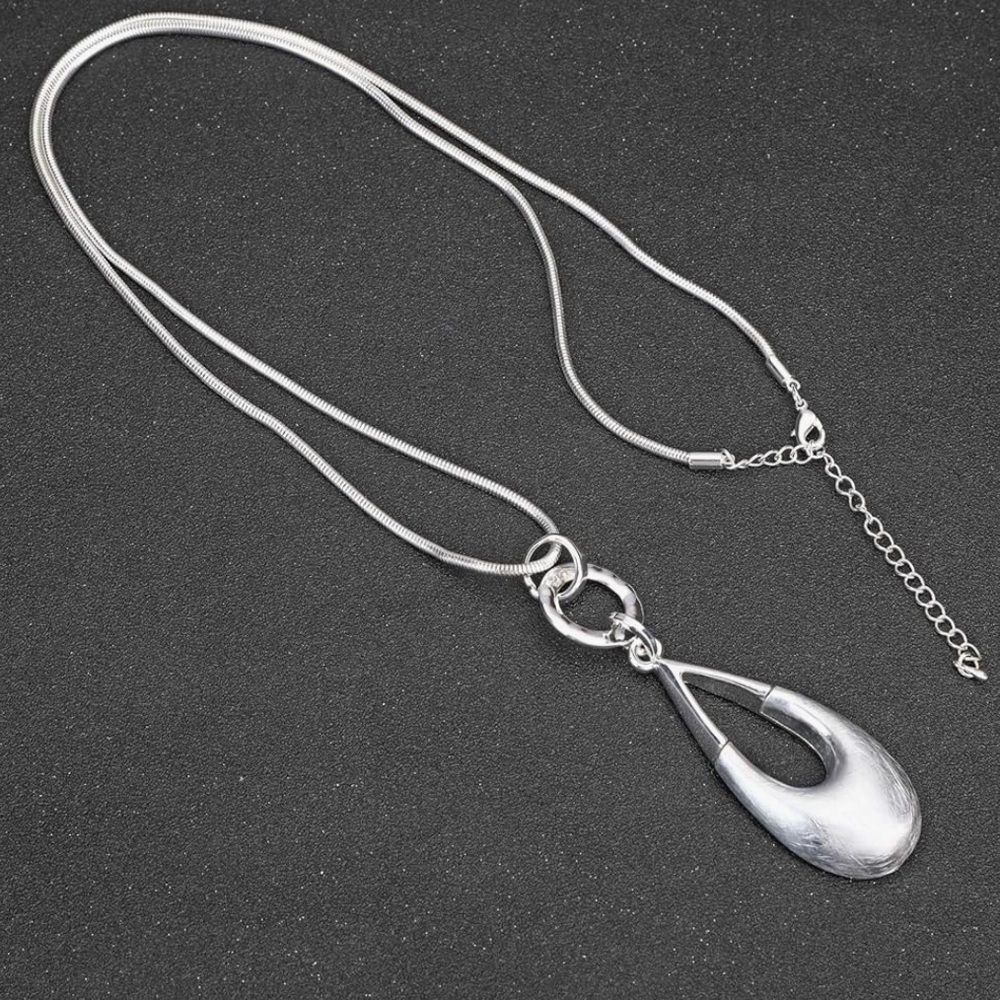 Bohemian Silver Waterdrop Pendant Necklace 31-34” Long Layered Statement Chain